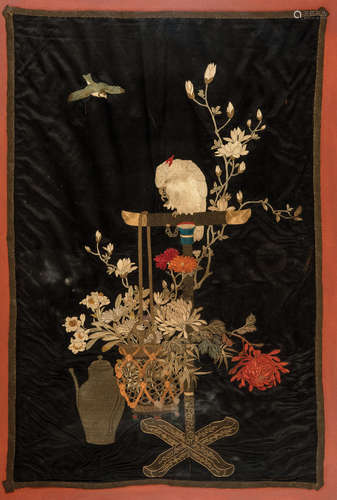 Asian Embroidered Black Silk Panel , worked in satin stitch and couched gold threads with a bird