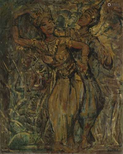 NGUYEN (XXe). Deux danseuses en Apsara. Huile sur …