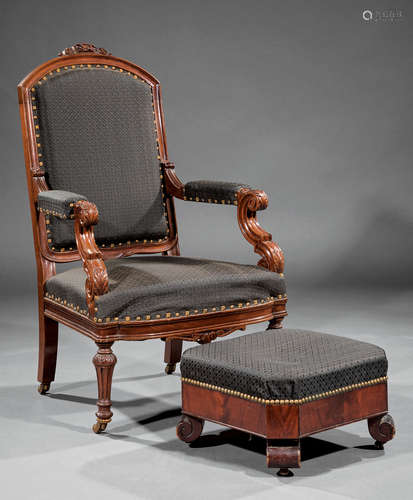 American Renaissance Carved Mahogany Armchair , mid-19th c., arched back, scrolled arms, fluted