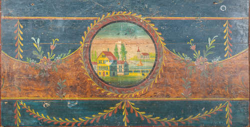 Swedish Polychrome-Painted Pine Panel , 19th c., centered by a reserve depicting a village, floral