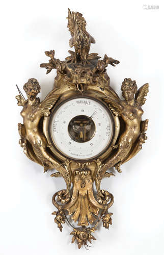 Large Antique Gilt Barometer , late 19th c., surmounted by 