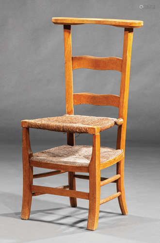 Acadian-Style Hardwood Ladderback Prie Dieu , early 20th c., shaped crest above slats, rush seat and