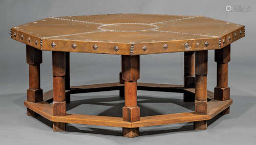 Decorative Copper-Mounted Oak Coffee Table , octagonal top, metal nailhead trim, baluster