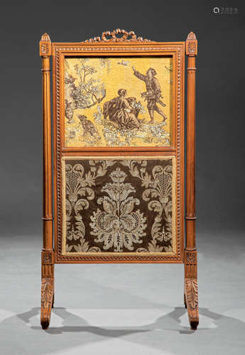 Continental Carved Mahogany Fire Screen , bowknot crest, foliate finials, fluted columnar