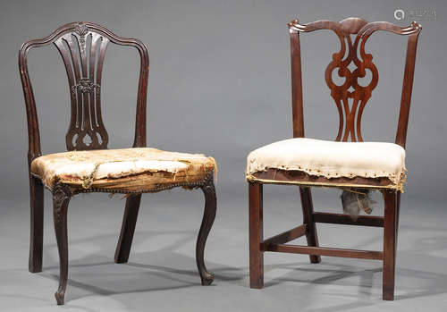 Two Early American Carved Mahogany Side Chairs , 18th c., both with pierced splats , h. 37 in., w.