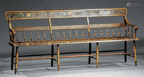 Antique American Painted and Stenciled Windsor Bench , shaped crest rail with floral decoration,