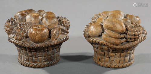 Pair of Carved Pine Fruit Baskets , 19th c., h. 9 1/2 in., dia. 11 in