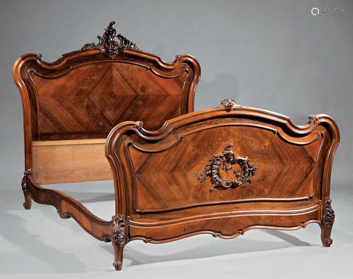 Antique French Rococo Rosewood Bed , rocaille crest, serpentine headboard, conforming foot board, h.