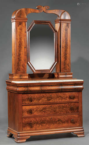 American Late Classical Carved Mahogany Wig Dresser , c. 1840, scrolled crest, octagonal mirror