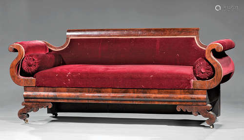 American Late Classical Mahogany Sofa , 19th c., tablet back, S scroll arms, molded seat rail,