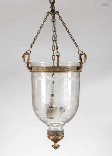 Antique English Brass and Etched Glass Hall Lantern , globe with tall ships decoration, wired for