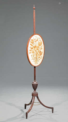 George III Mahogany and Needlework Pole Screen , c. 1800, surmounted by an urn final, floral motif