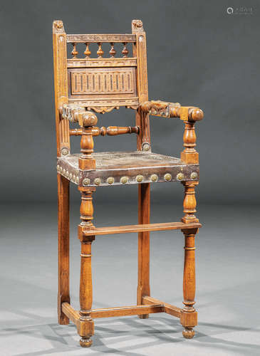 Antique Elizabethan-Style Carved Walnut High Chair , 19th c. or earlier, spindled linen fold