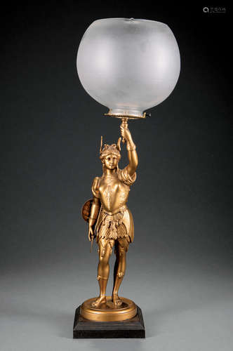 American Gilt Metal Figural Gas Table Lamp , 19th c., depicting Joan of Arc, frosted glass globe, h.