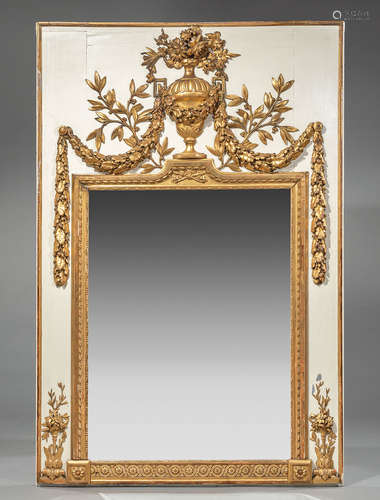 Louis XVI-Style Crème Peinte and Parcel Gilt Trumeau Mirror , probably late 19th c., floral urn