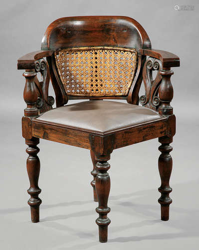 Anglo-Colonial Tropical Hardwood Corner Chair , mid-to-late 19th c., demilune crest, scrolled