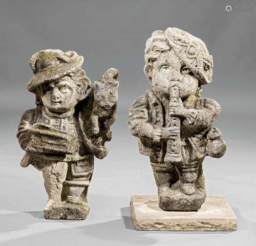 Pair of English Carved Gritstone Figures of Ratcatchers , 18th c., one as the Pied Piper playing the