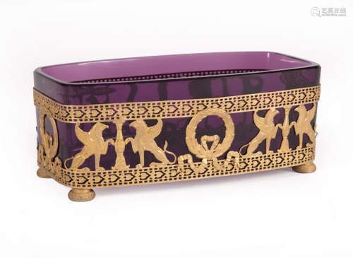 Russian or French Gilt Bronze and Amethyst Glass Jardiniere , early 19th c., oblong form, pierced