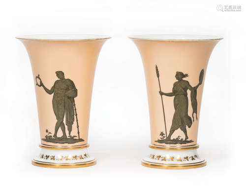 Pair of Paris Polychrome and Gilt Porcelain Beaker Vases , 19th c., decorated in the Etruscan