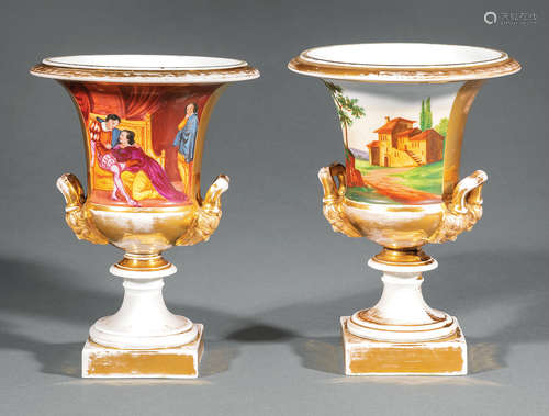 Pair of Paris Polychrome and Gilt Porcelain Campagna Urns , 19th c., landscape and figural reserves,