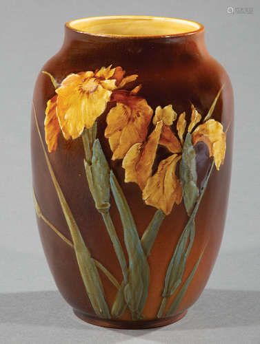 Choisy-Le-Roi Majolica Vase , marked, brown yellow glaze, iris decoration, h. 8 in.; together with