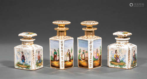 Two Pairs of Paris Polychrome and Gilt Porcelain Scent Bottles , c. 1830-50, decorated with