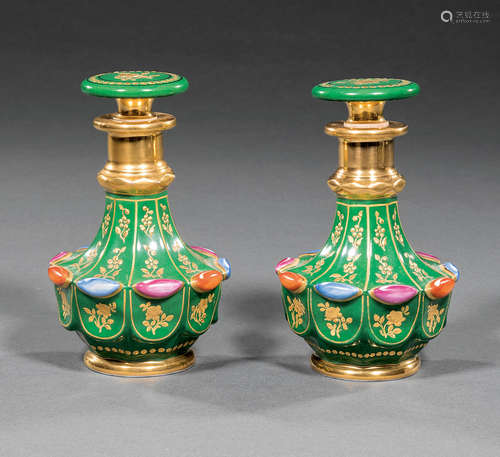 Pair of Paris Polychrome and Gilt Porcelain Scent Bottles , c. 1880-1910, attr. to Charles