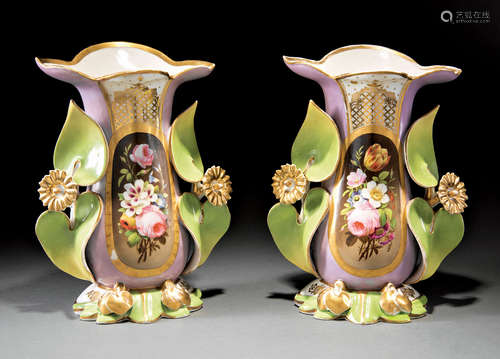 Pair of Paris Porcelain Mantel Vases , mid-19th c., mauve ground with polychrome and gilt