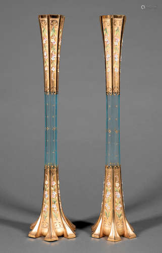 Pair of Bohemian Gilt and Enameled Glass Vases , faceted form, floral decoration, h. 20 in., dia.