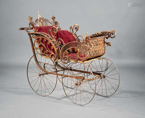 Victorian Wicker Baby Carriage , 19th c., steel wheels and suspension , h. 38 in., w. 52 in., d.