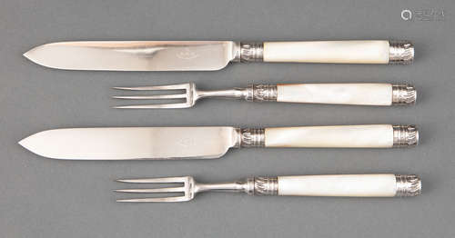 Victorian Silverplate and Mother-of-Pearl Fruit Service , with sterling silver ferrules and handle