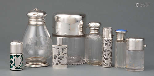 Group of Antique and Vintage Sterling Silver-Mounted Glass Dressing Table Articles , most English,