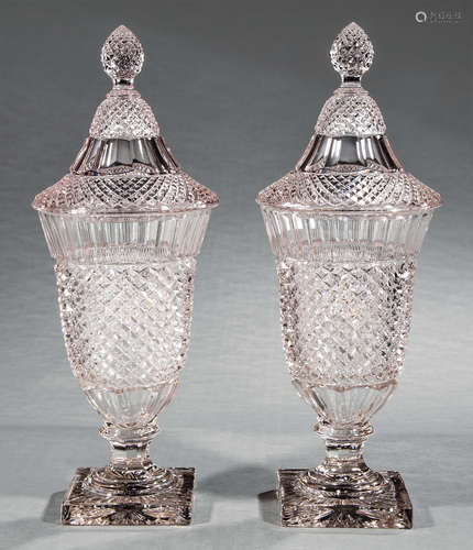 Pair of Diamond Point Glass Covered Sweetmeat Urns , spear finials, h. 15 1/4 in