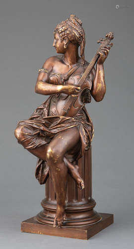 Bronze Figure of a Woman Playing Guitar after Albert-Ernest Carrier-Belleuse, signature inscribed on