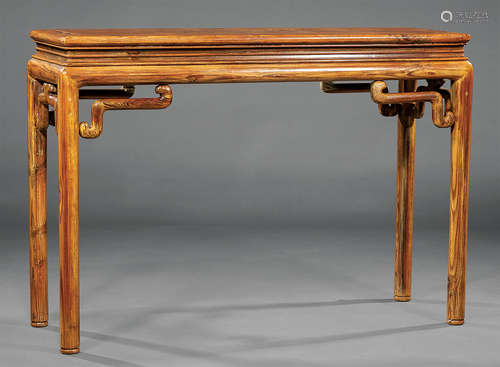 Chinese Carved Wood Altar Table , waisted rectangular inset plank top, rounded apron shaped