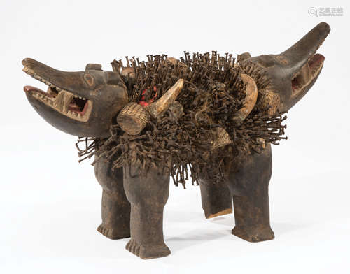 African Carved Wood Nail Power Figure in the Form of a Janus-Headed Dog , Nkisi Nkondi, Democratic