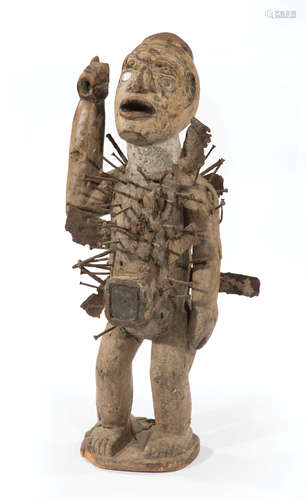 African Carved Wood Nail Power Figure , Nkisi Nkondi, Democratic Republic of the Congo, body pierced