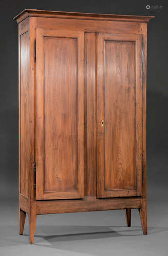 Acadian Carved Cypress Armoire , early 19th c., stepped cornice, paneled doors, fiche hinges,