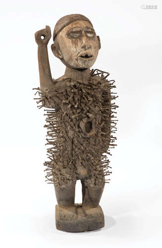 African Carved Wood Nail Power Figure , Nkisi Nkondi, Democratic Republic of the Congo, body pierced