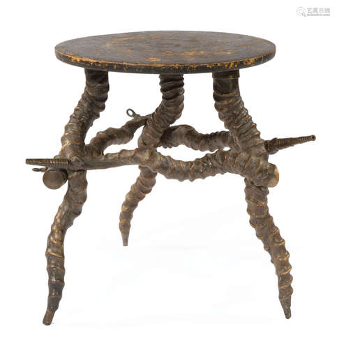 African Brass-Mounted Kudu Horn and Wood Tripod Stool or Drinks Table , h. 14 3/4 in., w. 16 1/2