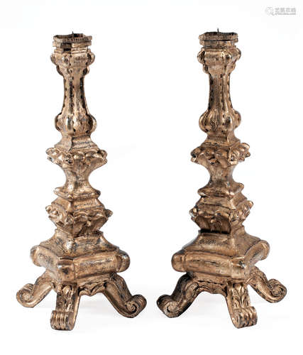 Pair of Italian Carved Giltwood Pricket Candlesticks , h. 26 in., w. 10 in., d. 10 in