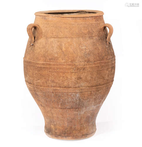 Large Continental Olive Jar , incised decoration, three loop handles, h. 34 1/2 in., dia. 24 1/2 in