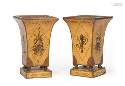 Pair of French Tole Peinte Jardinieres , alternating musical trophee and torch reserves, paw feet,