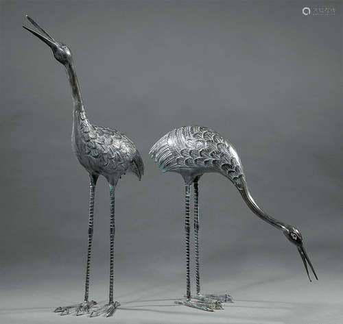 Pair of Patinated Bronze Cranes , taller h. 37 1/2 in