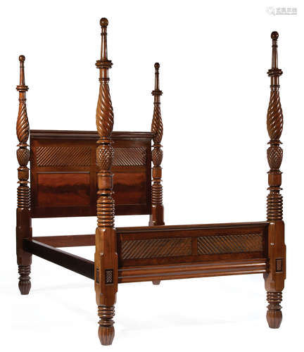 West Indian Carved Mahogany Poster Bed , spiral-turned and pineapple carved posts, diagonally reeded