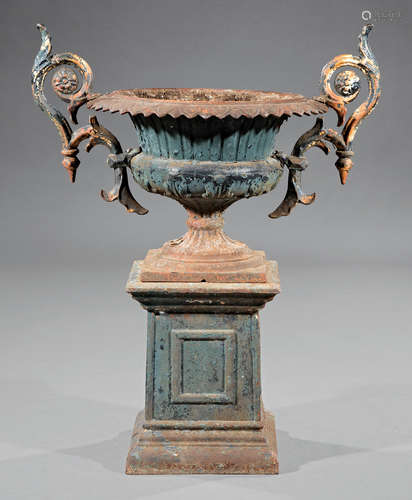 Antique American Cast Iron Garden Urn on Stand , 19th c., scroll handles, h. 39 in., dia. 30 3/4