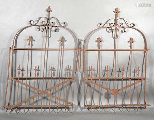 Pair of American Wrought Iron Garden Gates , 19th c., fleur-de-lis finials, scrolled decoration,