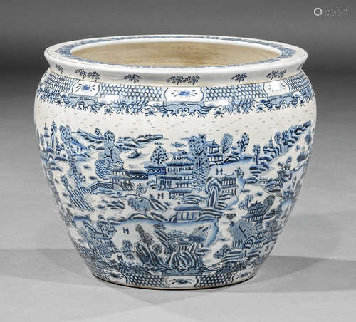 Chinese Blue and White Porcelain Fishbowl , mid-20th c., exterior decorated with a continuous