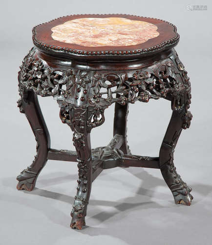 Chinese Carved Hardwood Side Table , c. 1930s, marble inset beaded floriform top, pierced prunus