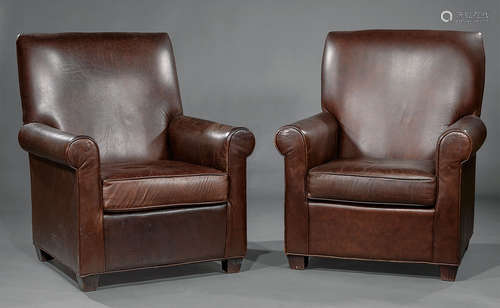 Pair of American Leather Club Chairs , 20th c., high backs, scrolled arms, tapered feet, h. 43